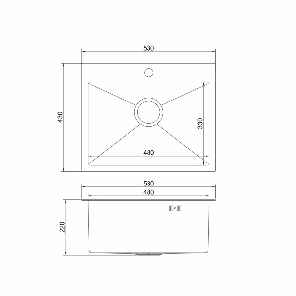 Мойка настол.монтаж 53х43 (3,0) вып 3 1/2  MIXLINE PRO 22см с сифоном (черный графит НАНО)